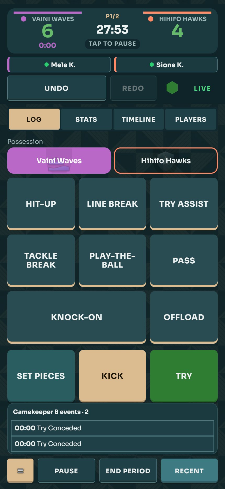 Gametime gamekeeper screen: live score, clock and one-tap stat buttons