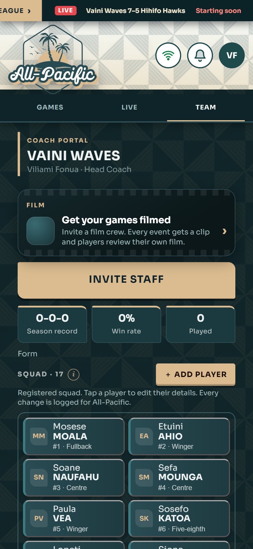 Gametime coach portal: Vaini Waves squad with season record, add player and invite staff